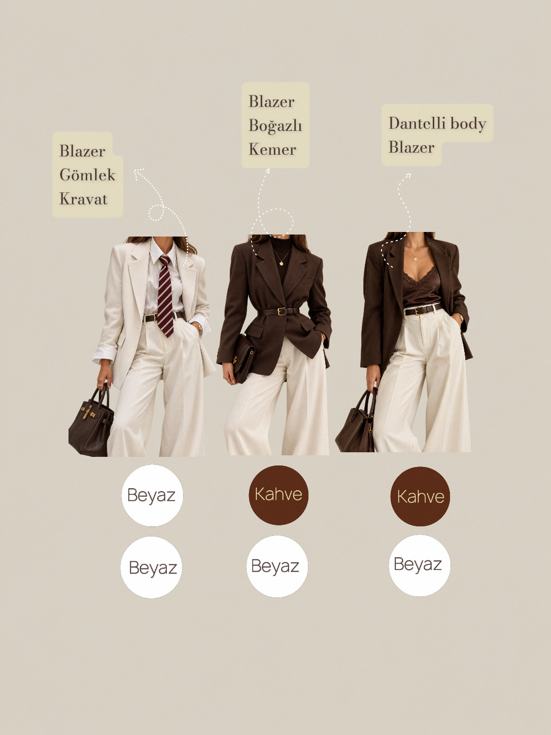 Beyaz pantolonla beyaz blazer ve kravat, kahverengi kemerli blazer, dantelli üst ve blazer kombinleri