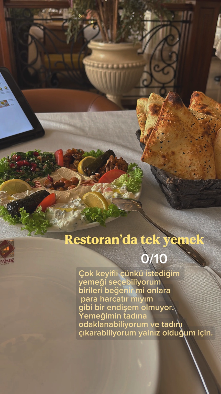 Restoranda tek yemek · 0/10. Kendi istediğim yemeği seçip tadına odaklanıyorum.