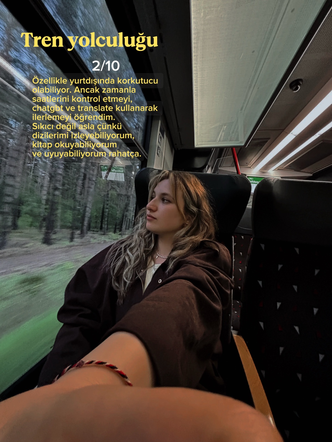 Tren yolculuğu · 2/10. Saatleri önceden kontrol etmek yolculuğu kolaylaştırıyor; yolda kitap ve diziler bana eşlik ediyor.