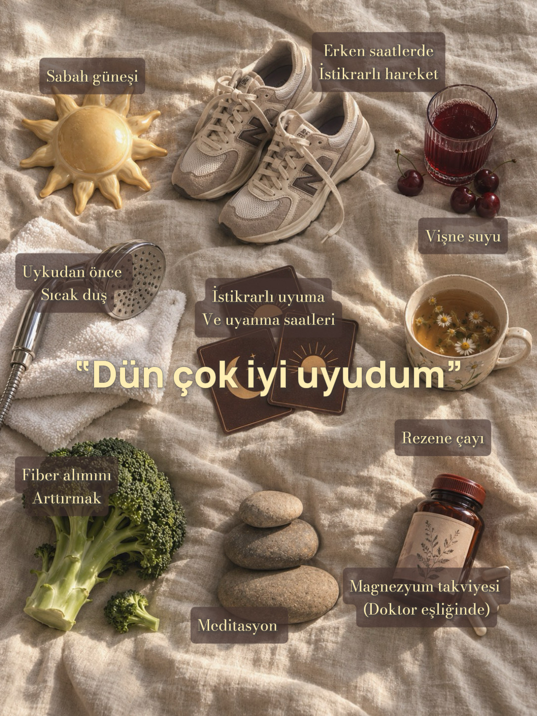 Dün çok iyi uyudum: gün ışığı, hareket, düzenli uyku saatleri ve sakin bir akşam rutinini anlatan görsel.